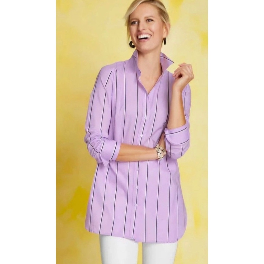 Talbots Sz 2X Lavender Striped Boyfriend Button Up Shirt Long Sleeve